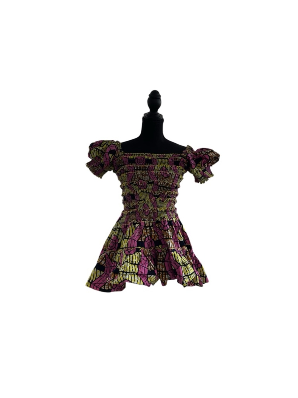 Custom Smocked Off-Shoulder dress in Pink & Lime Print